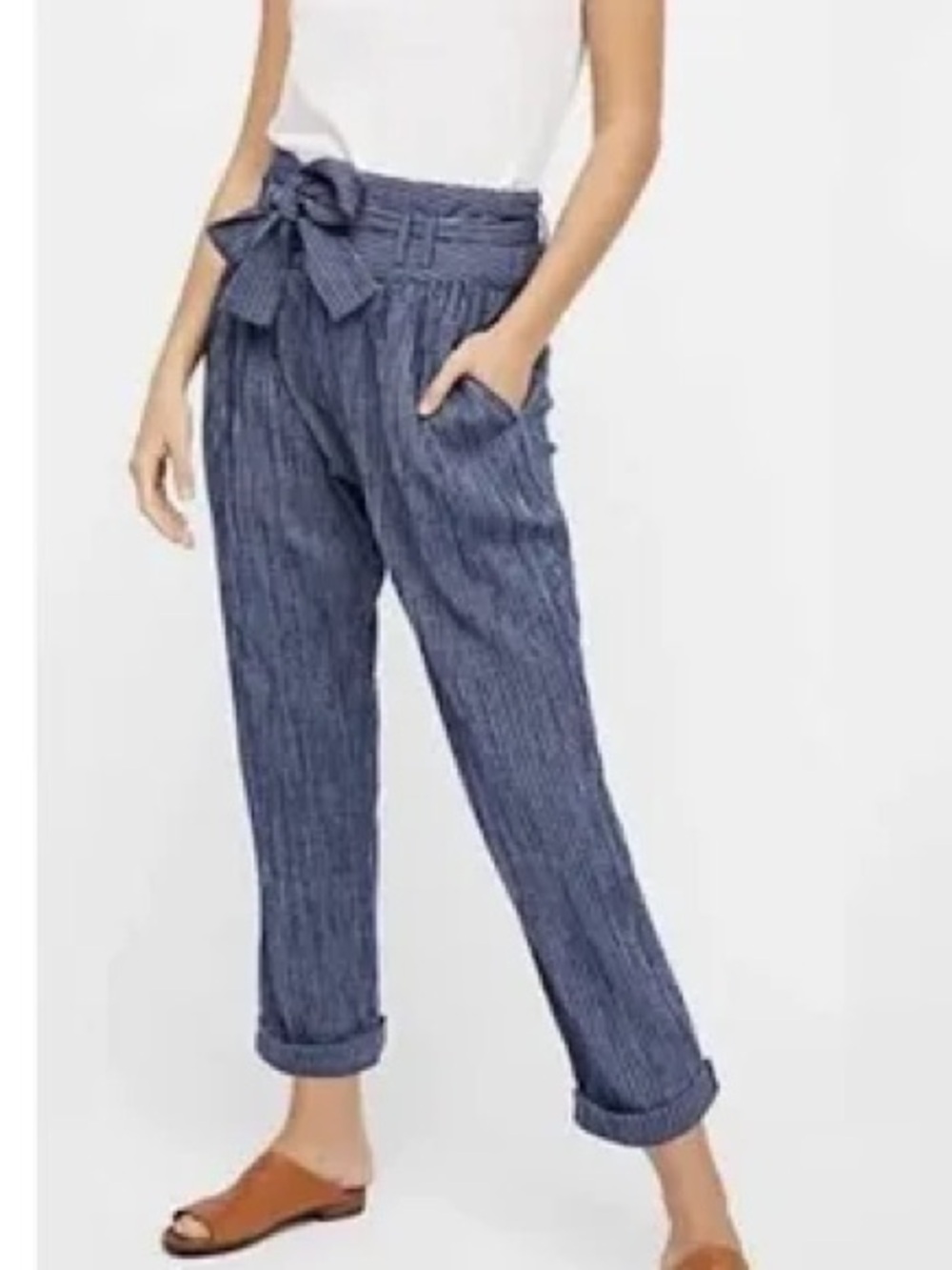 Free People Rumors Harem High-Rise Paperbag Striped Pants in Navy Blue.
